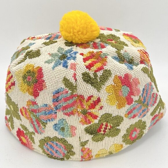 Vintage 60s Floral Chenille Tapestry Hat Pom Pom MCM Union Mod Hippy Medium READ - Picture 3 of 9